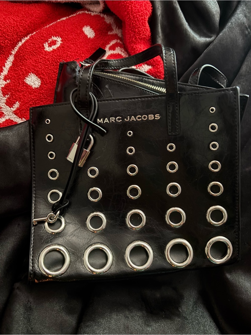 Marc Jacobs Black Leather Grommet Tote (rip on side)